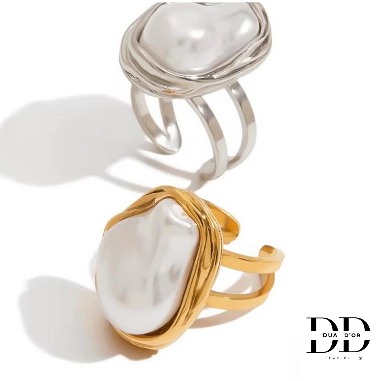 Barokparel Ring, Goud/Zilver Omhuld, Parelwit