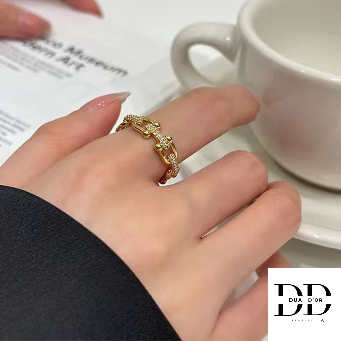 Golden Link Ring, Goud Omhuld, Zirconia steen