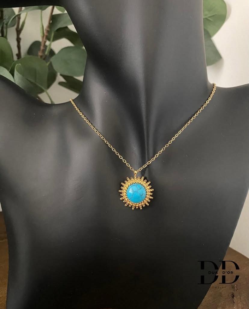 Sunburst Gold Turquoise Stone Halsketting, 18K Goud Omhuld