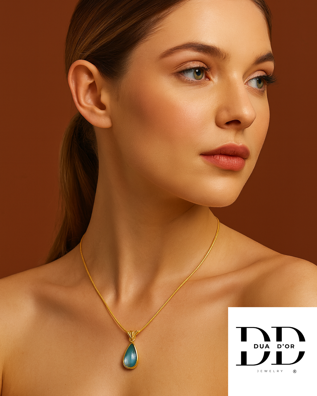 Teardrop Blue Green Stone Halsketting, 18K Goud Omhuld